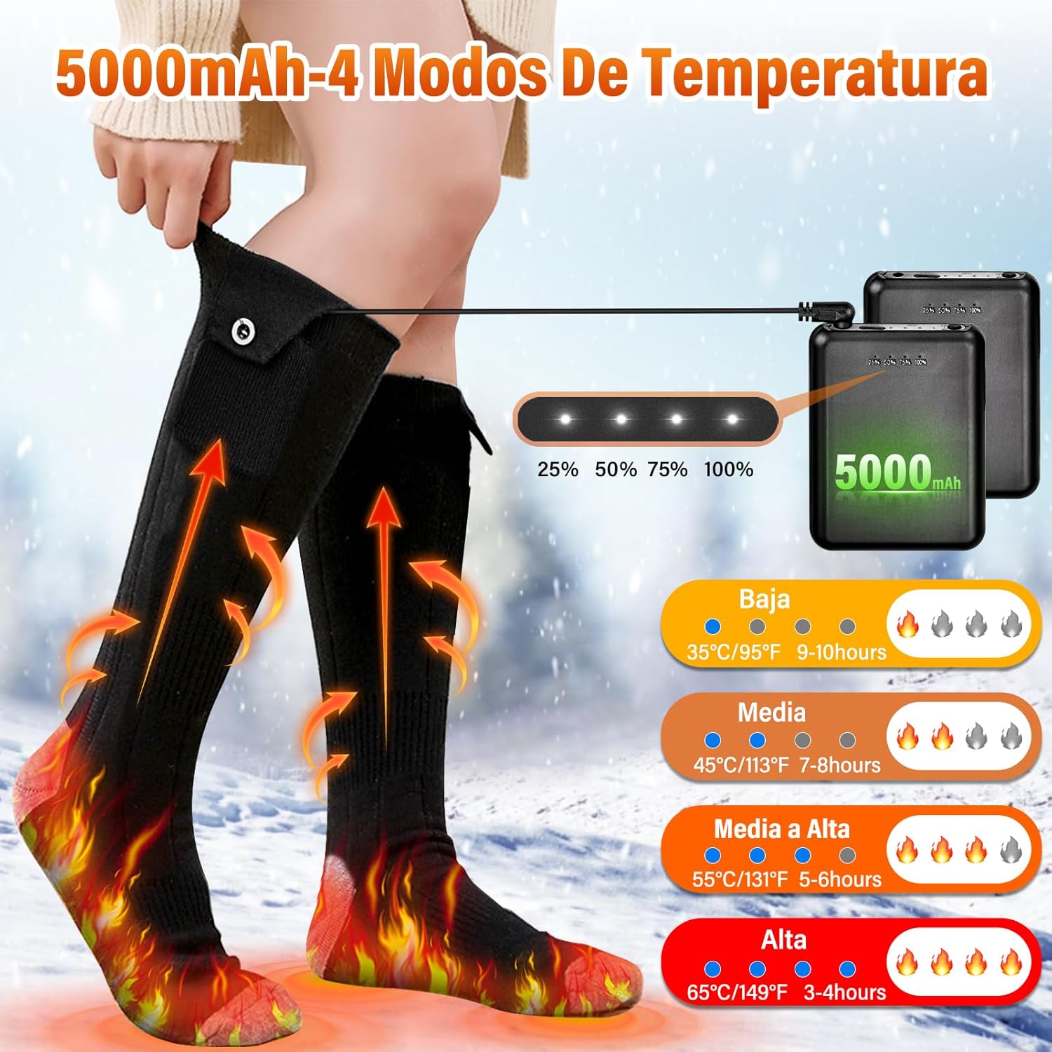 Calcetines calefactables 5V/5000mAh Recargables Calcetines Eléctricos con 4 niveles de Temperatura - Imagen 5