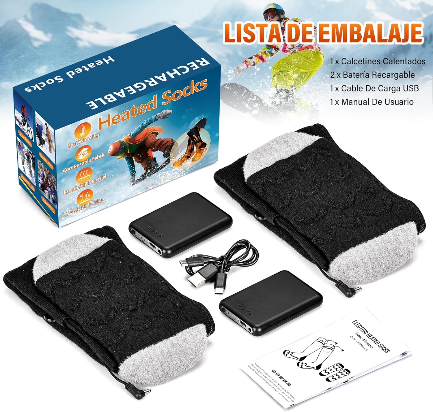 Calcetines calefactables 5V/5000mAh Recargables Calcetines Eléctricos con 4 niveles de Temperatura - Imagen 3