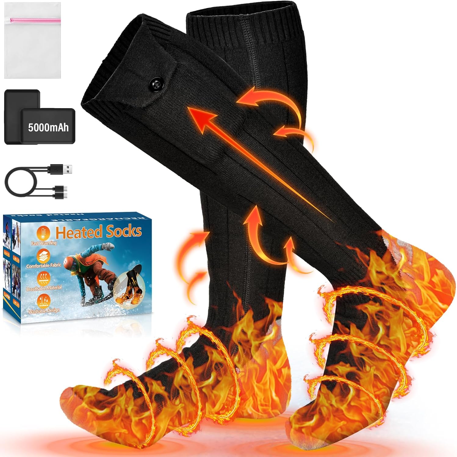 Calcetines calefactables 5V/5000mAh Recargables Calcetines Eléctricos con 4 niveles de Temperatura - Imagen 2